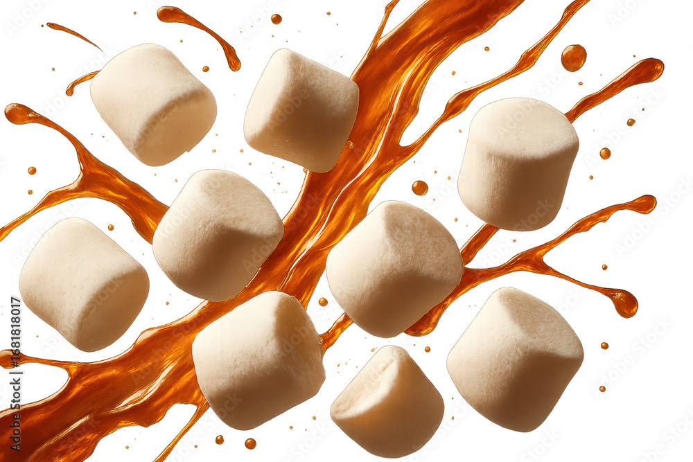 Poster fluffy marshmallows floating in a caramel splash isolated on transparent background.