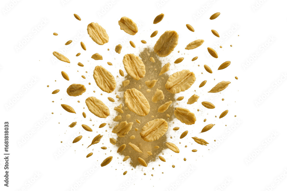 Poster dynamic oat flakes and particles floating in air, isolated on transparent background