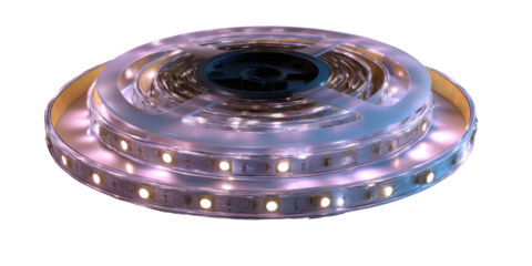 Rolled LED strip lights,  glowing softly in shades of lilac and white.  A coiled flexible strip of lights,  mounted on a metal or plastic spool.