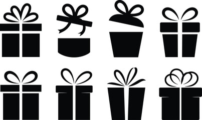 Gift box icons, black silhouette, present symbols, ribbon design, holiday packaging, vector set, celebration graphic, birthday gift, festive elements, decoration