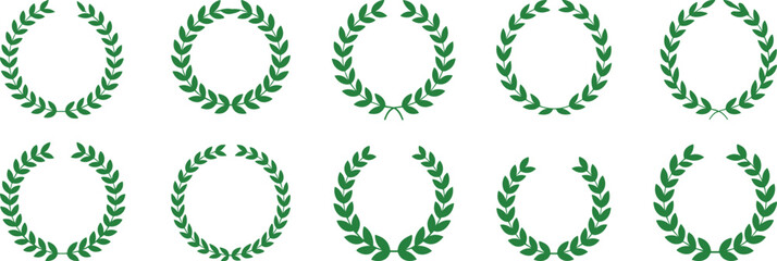 Green laurel wreath icons, award symbols, victory emblems, classical leaf crowns, vector illustration, flat design, achievement graphics, honor elements
