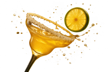 Vibrant margarita cocktail splashing with lime and salt rim, isolated subject