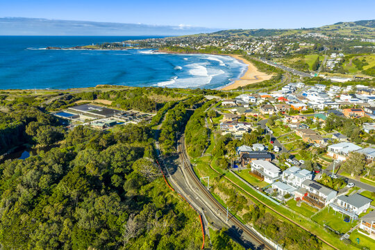 Drone aerial photograph of the Kiama suburb of Kiama Downs on the South Pacific Ocean coastline in the Illawarra region on the south coast of New South Wales, Australia. 