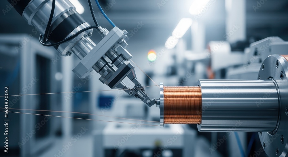 Poster side profile of robotic coil winder maneuvering copper strands to form electromagnets essential for 