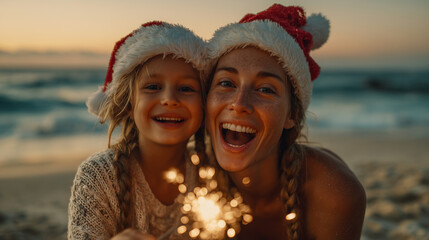 Happy woman and child in santa hat smiling and holding a sparkler on the beach. christmas celebration concept. Small family wearing summer beachwear, celebrating Christmas. Alternative christmas holid