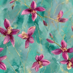 Vibrant Orchid Blossoms on a Turquoise Abstract Background with Gold Accents.