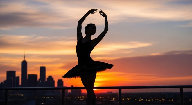 Silhouette of a ballerina dancing against a vibrant sunset sky with city skyline - Powered by Adobe