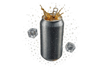 Soda can with splash and ice cubes isolated on a transparent background, fresh