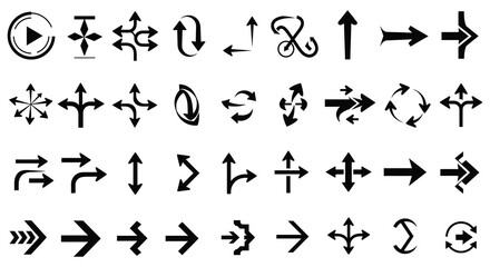 Collection of various black arrows and symbols on white background silhouette