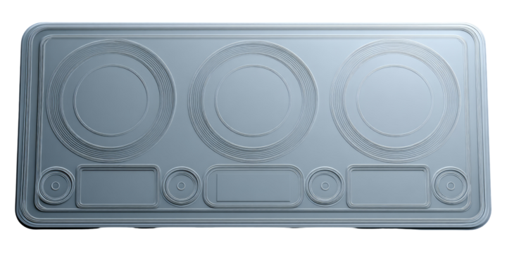 Light gray, rectangular, three-control panel.  Rounded, circular controls.  Elevated panel design