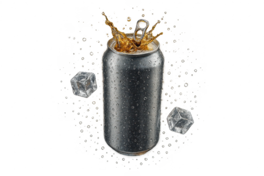 Soda can with splash and ice cubes isolated on a transparent background, fresh