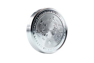 Shiny silver coin featuring a intricate labyrinth design. Isolated on black background