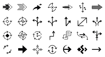 Collection of various black and white arrow icons and symbols for design silhouette