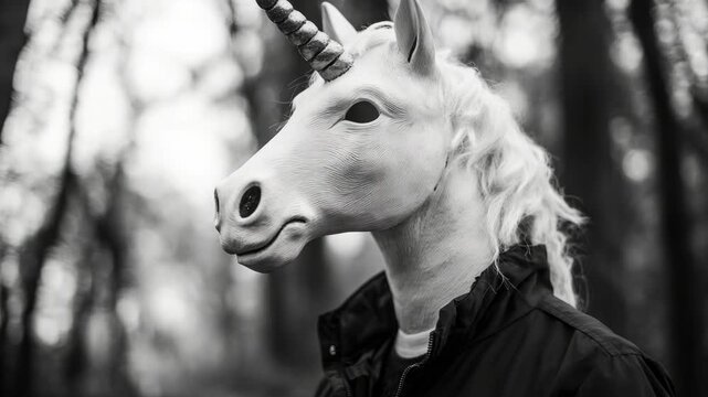 Man in Unicorn Mask in Woods