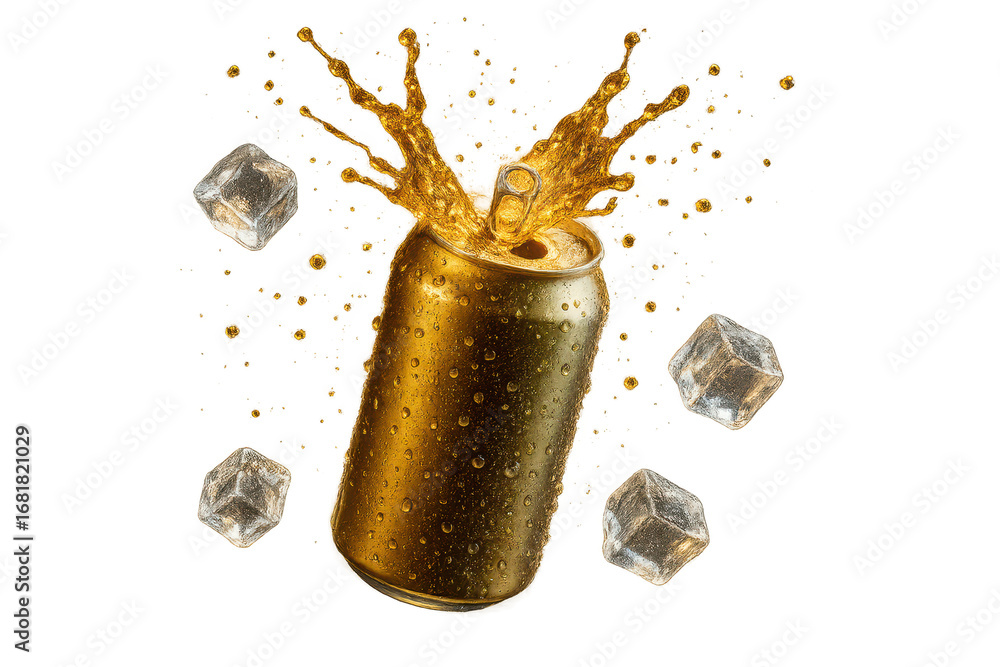 Poster golden soda can with splashing liquid and ice cubes on transparent background