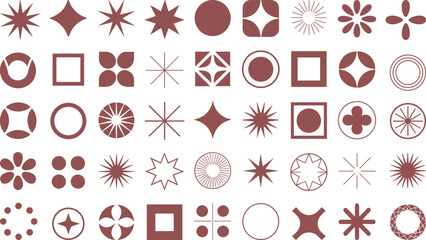 Rust-colored symbol icons, abstract geometric shapes, vector graphic elements, circular and star patterns, square motifs, symmetrical design clipart pack