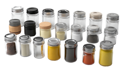 Clear glass spice jars in various sizes and colors, filled with different spices