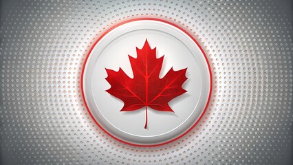 Red canadian maple leaf emblem on a white circular button with a metallic textured background