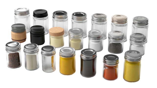 Clear glass spice jars in various sizes and colors, filled with different spices