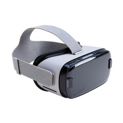 Gray VR headset angled, showing adjustable straps and a dark screen