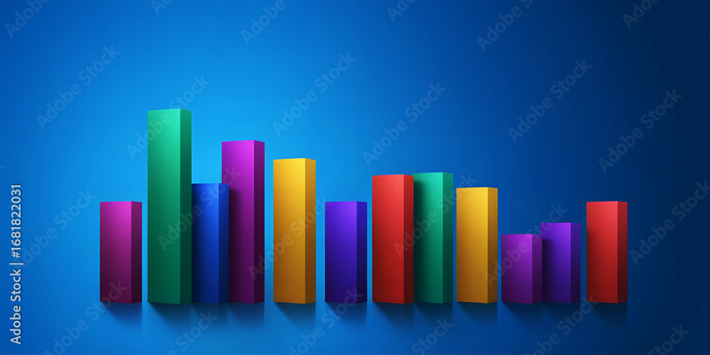 Poster colorful bar chart on a blue background showing data analysis and statistical growth