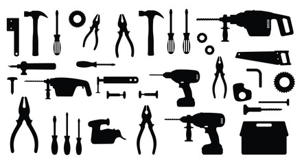Collection of various hand tools and equipment for construction and repair work silhouette
