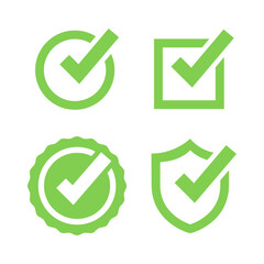 Set of four green check mark icons in different shapes for approval and confirmation