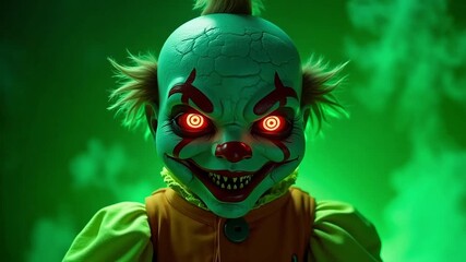 Terrifying clown with glowing red eyes and sinister smile looms in eerie green fog, creating a chilling horror atmosphere for your projects.