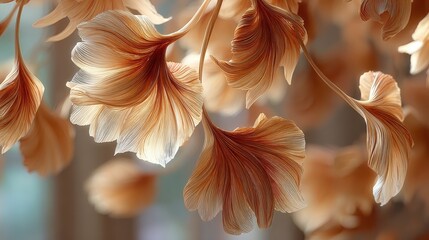 Autumnal elegance chinese lantern plant branch showcases intricate textures and muted orange hues on blurred brown background