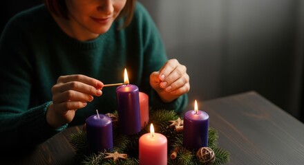 Woman lighting advent candle. Christian tradition and worship. Religious holiday concept for Christmas and new year.
