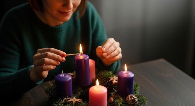 Woman lighting advent candle. Christian tradition and worship. Religious holiday concept for Christmas and new year. - Powered by Adobe