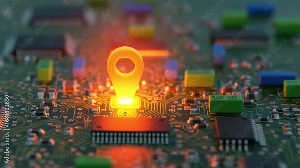Poster dynamic glowing location pin highlighting circuit board technology with modern innovation concept
