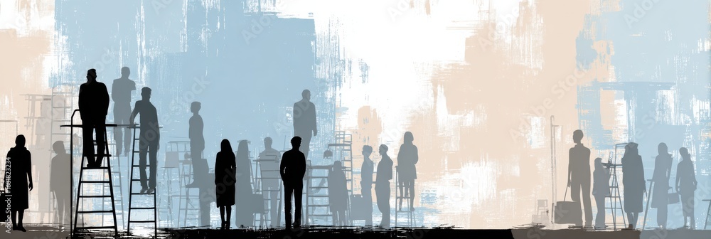 Poster silhouetted figures interact amidst ladders and scaffolding at a bustling construction site during t