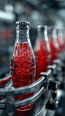 Bottles filled with bright red liquid on a production line during beverage manufacturing process