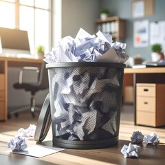 A dark gray metal wastebasket overflowing with crumpled white papers sits on a light wooden surface in a modern office space.