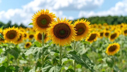 Obraz premium Vibrant sunflowers in a field under a partly cloudy sky