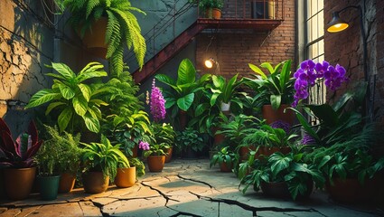 Potted plants and flowers creating an outdoor room, urban garden oasis with a vintage ambiance.