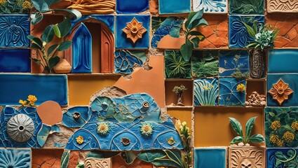Detailed display of hand-crafted tiles with plants, openings, and wall art adding depth and charm