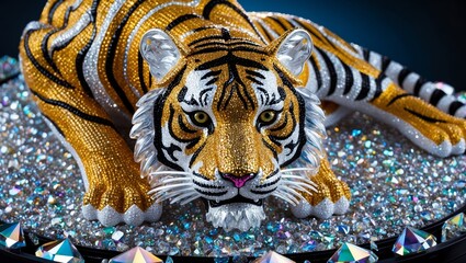 Glistening tiger figurine adorned with gemstones, resting on a bed of shimmering crystals.