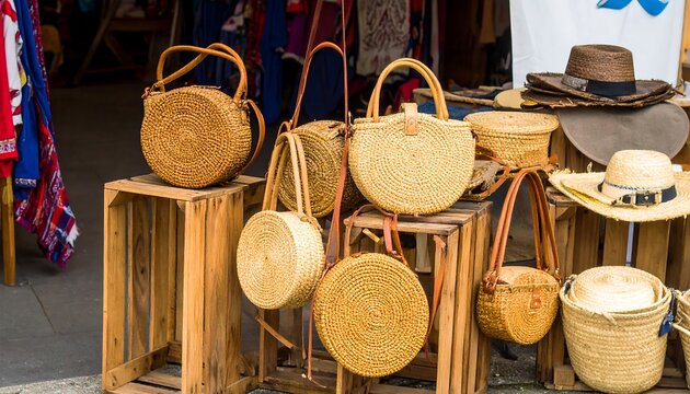 Round Woven Straw Bags and Hats Displayed on Wooden Crates.