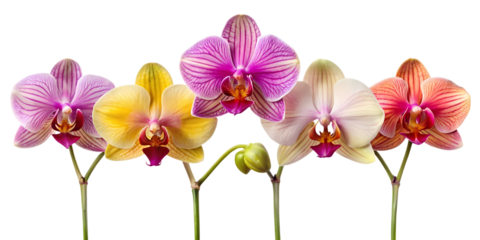 Group of colorful phalaenopsis orchids isolated on transparent background