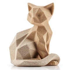 A captivating, light beige, geometric cat figurine, meticulously crafted with textured polygons, sits gracefully against a plain white background.