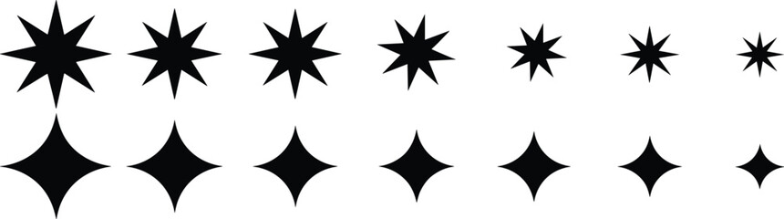 Star shapes, decorative icons, vector design elements, black geometric forms, eight-point and four-point stars, minimal graphics, modern symbols, clean aesthetic