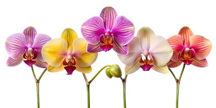 Group of colorful phalaenopsis orchids isolated on transparent background