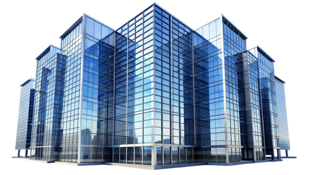 Modern Glass Office Building with Reflective Facade on Black Background modern building glass facade isolated on a transparent background