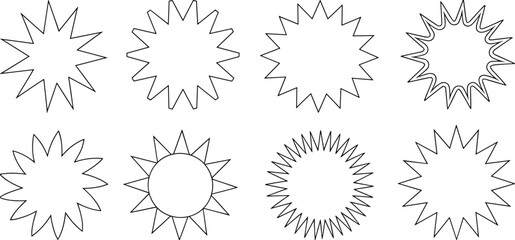 Starburst shapes, sunburst icons, vector outlines, black radial forms, geometric spikes, minimal style, abstract symbols, symmetrical design, graphic elements, pattern set