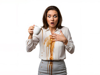A startled woman's eyes are wide in shock and embarrassment as she stares at a large coffee stain dripping down her white blouse and gray skirt.
