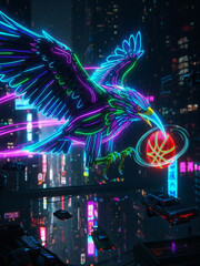 Neon Eagle Bird Holds Basketball in Futuristic Cityscape