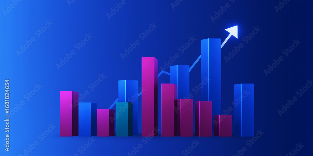 Poster a vibrant bar graph with ascending arrow against a deep blue background display growth