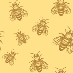 Bee sketch, seamless pattern,  hand drawn vector illustration, monochrome